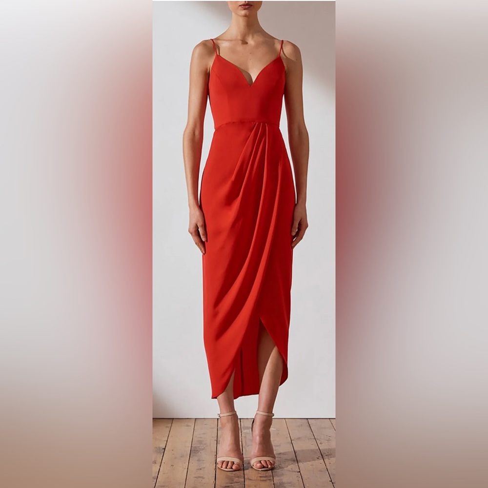 Shona Joy Red Midi Dress Silk Wrap Ruched Slip Wedding Guest Size 8